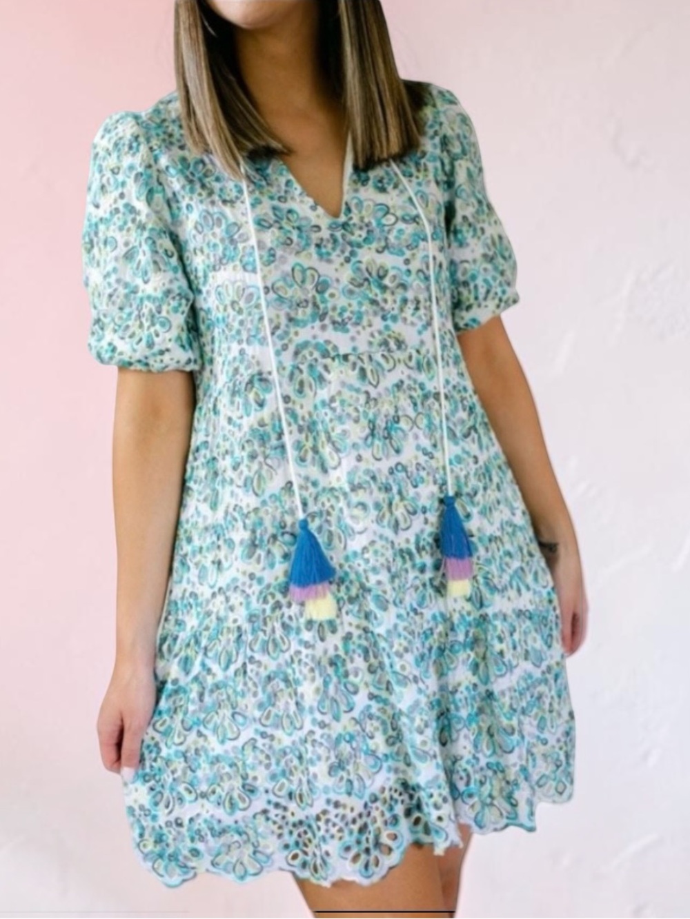 ALLISON NEW YORK BLUE MULTI SKY EYELET TASSEL DRESS SIZE XS